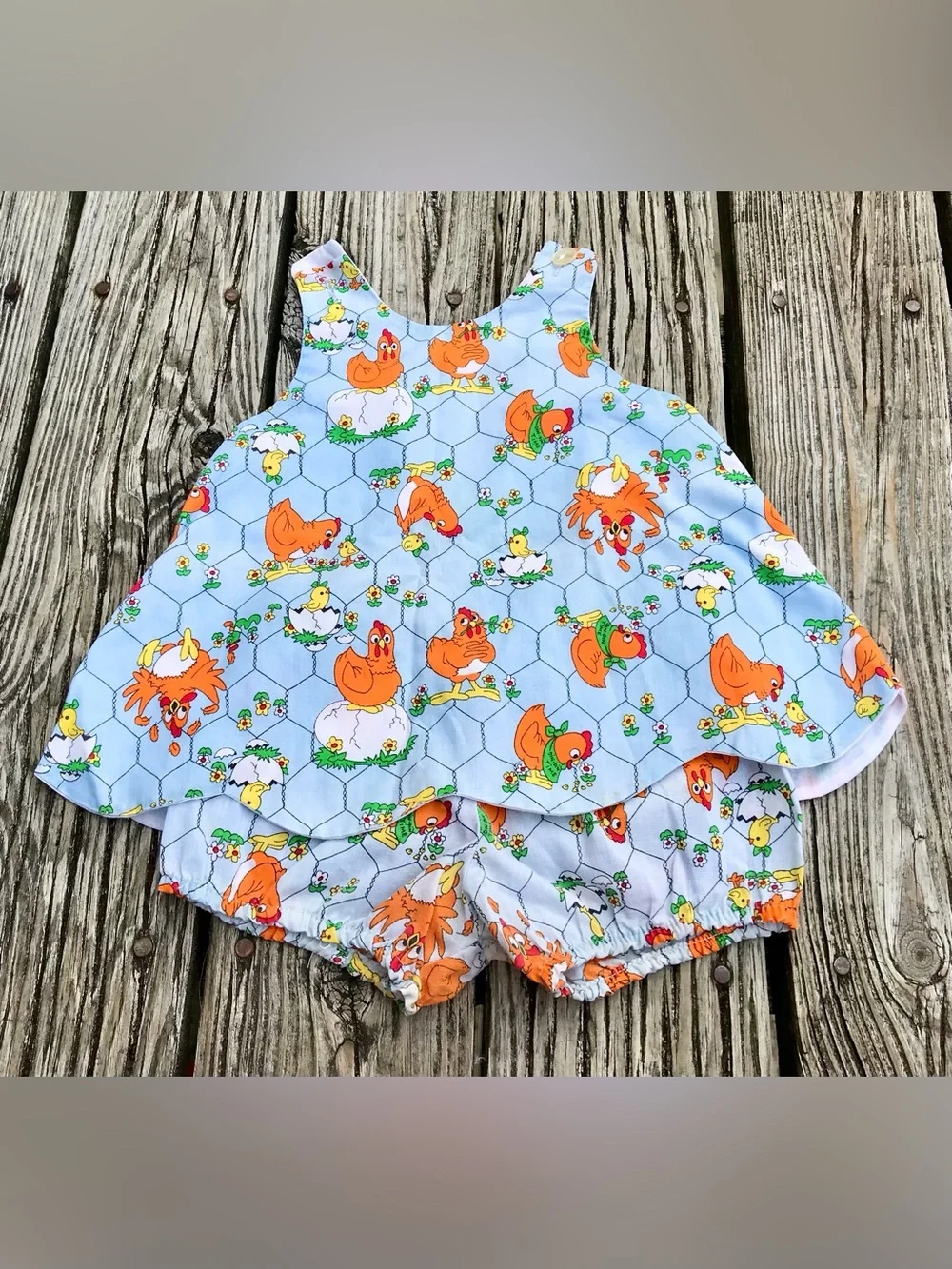 Vintage 80s Girls 2 Piece Matching Chicken Coop Outfit Swing Top Bloomers